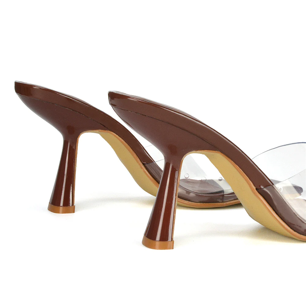 Lacie Square Toe Perspex Thin Block High Heel Mule Sandals in Pink Patent - Image 38