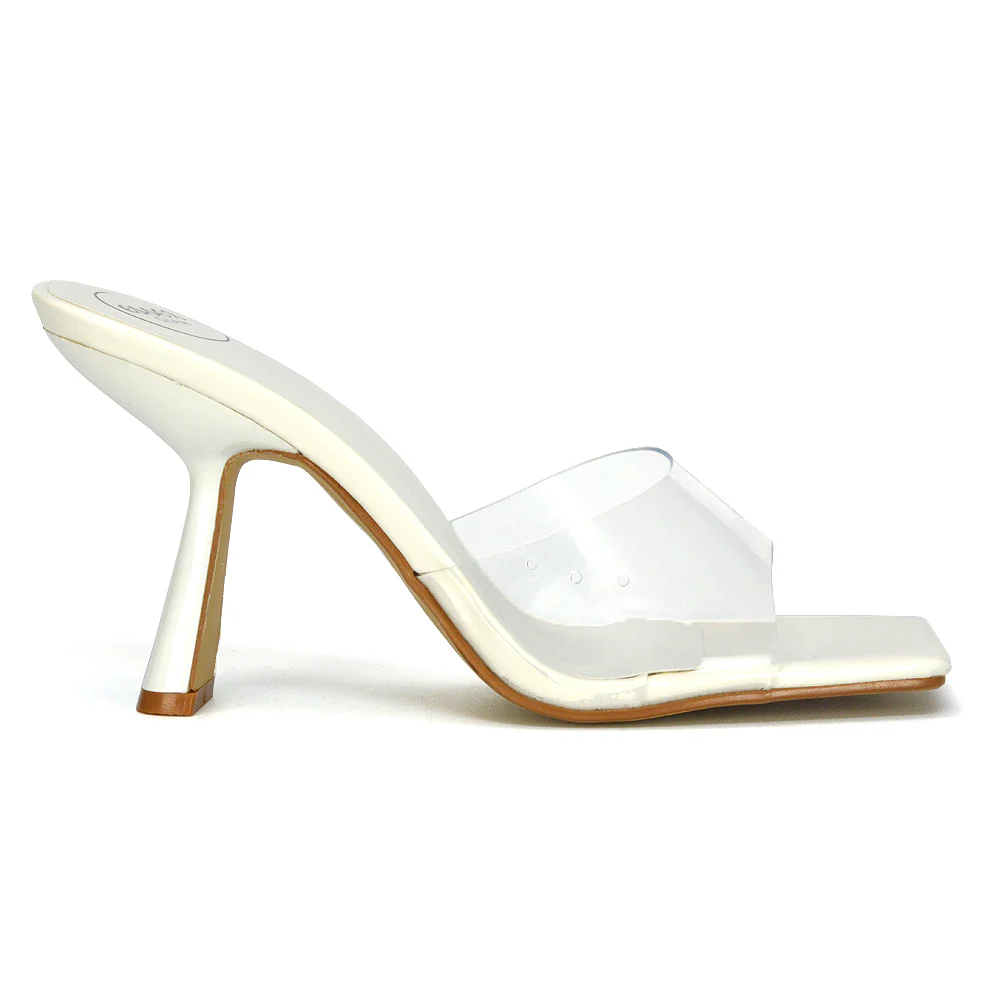 Lacie Square Toe Perspex Thin Block High Heel Mule Sandals in White Patent - Image 23