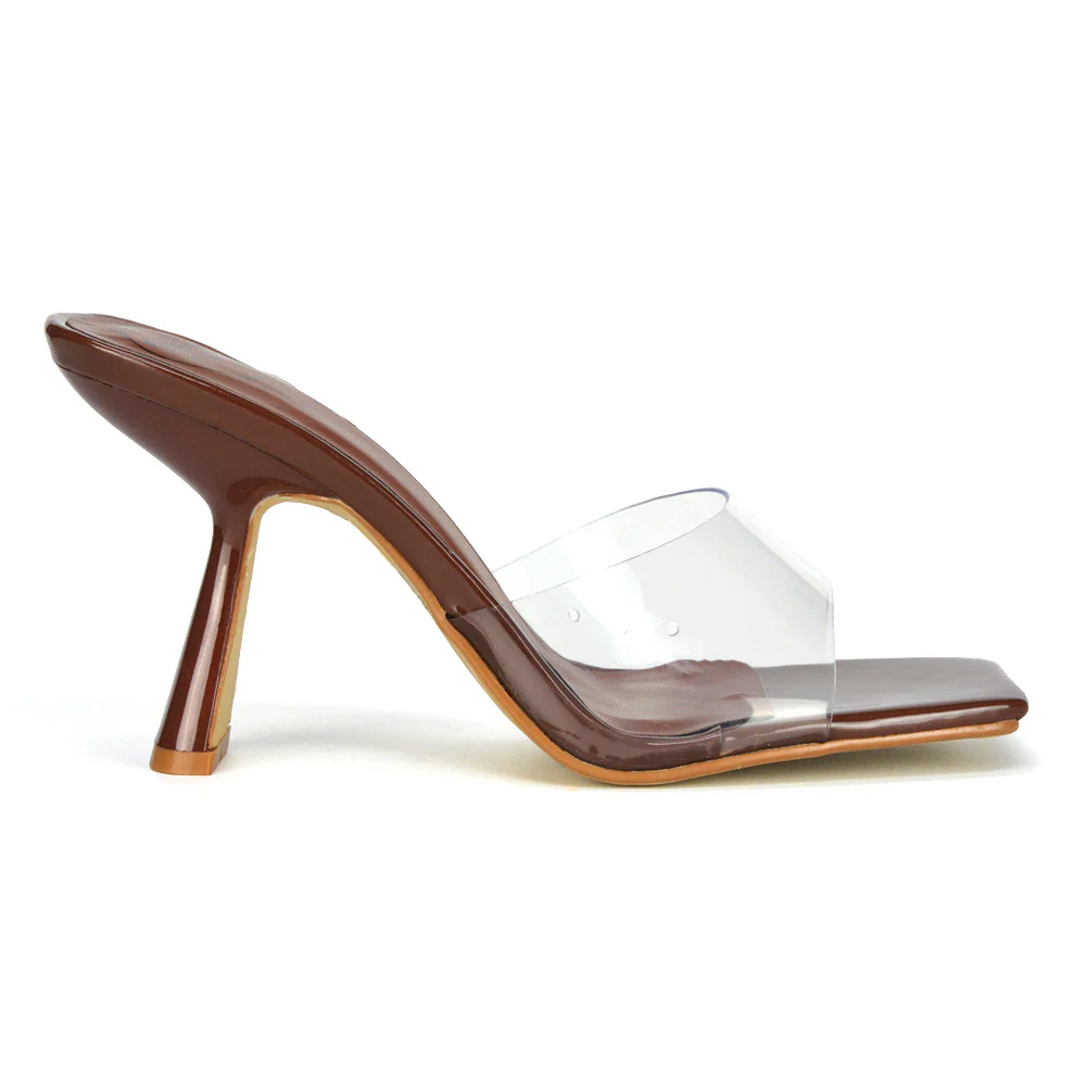 Lacie Square Toe Perspex Thin Block High Heel Mule Sandals in White Patent - Image 47