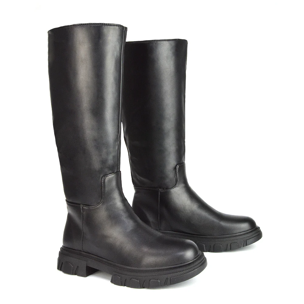Lainey Chunky Sole Calf High Knee High Biker Boots in Black Synthetic Leather - Image 21
