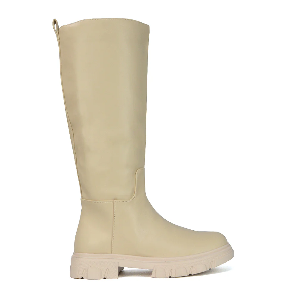 Lainey Chunky Sole Calf High Knee High Biker Boots in Black Synthetic Leather - Image 86
