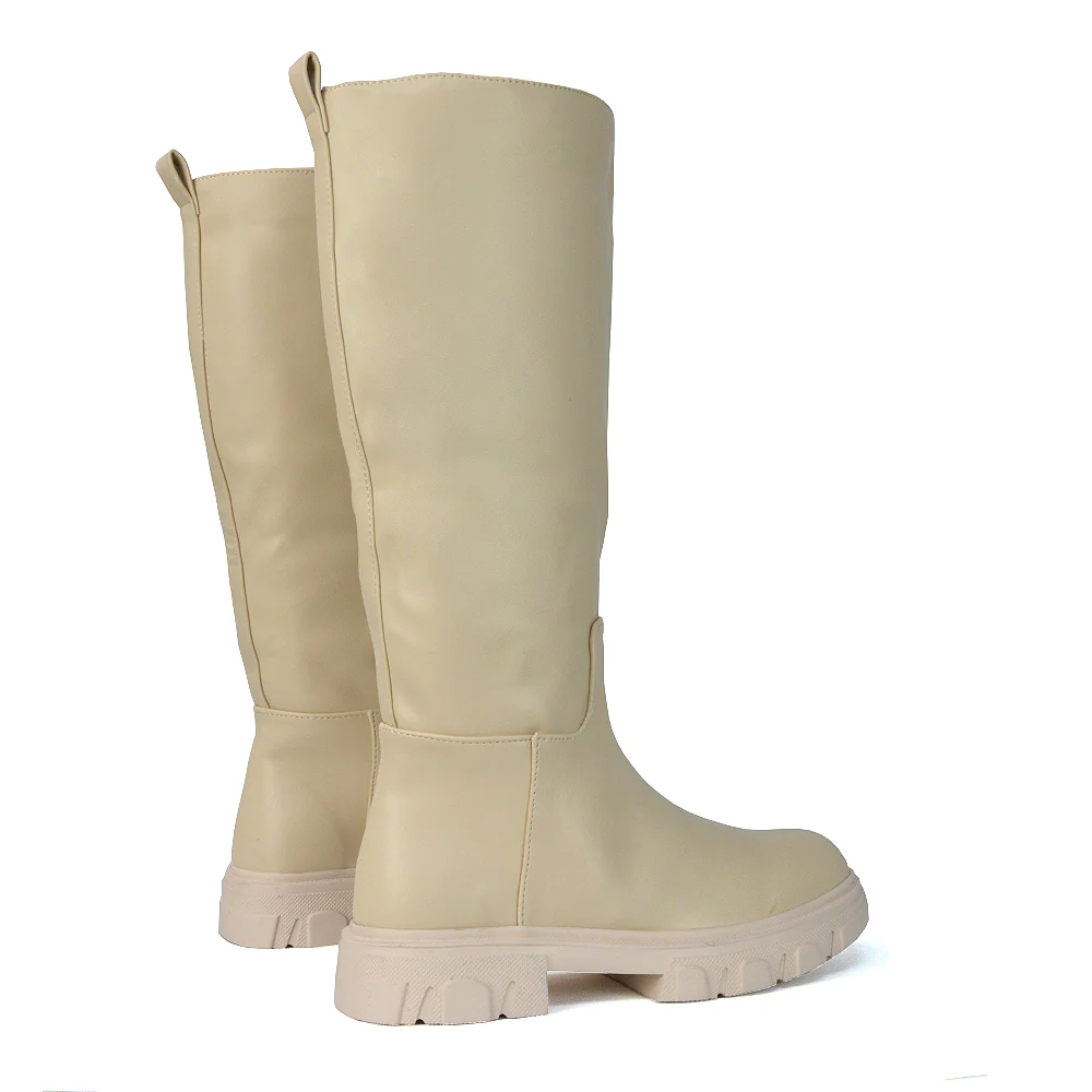 Lainey Chunky Sole Calf High Knee High Biker Boots in Black Synthetic Leather - Image 96