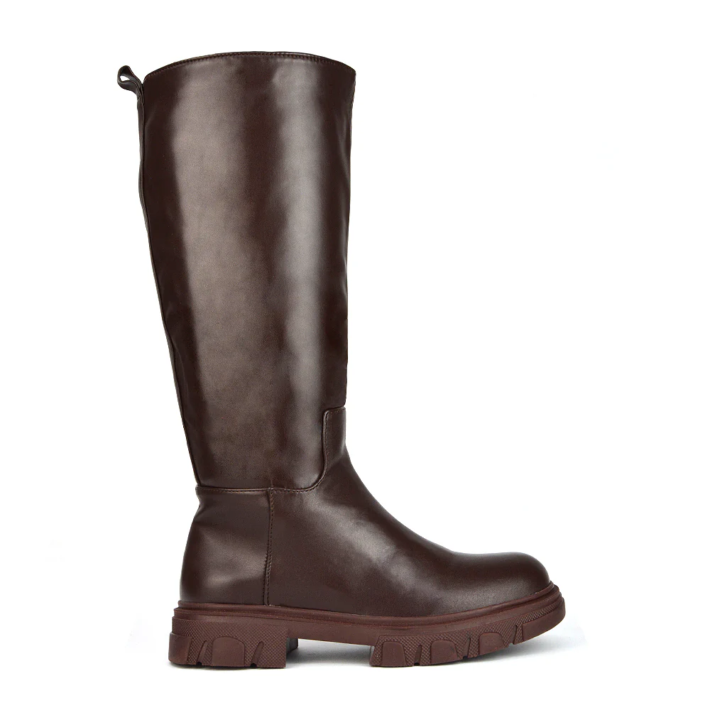Lainey Chunky Sole Calf High Knee High Biker Boots in Brown Synthetic Leather - Image 30
