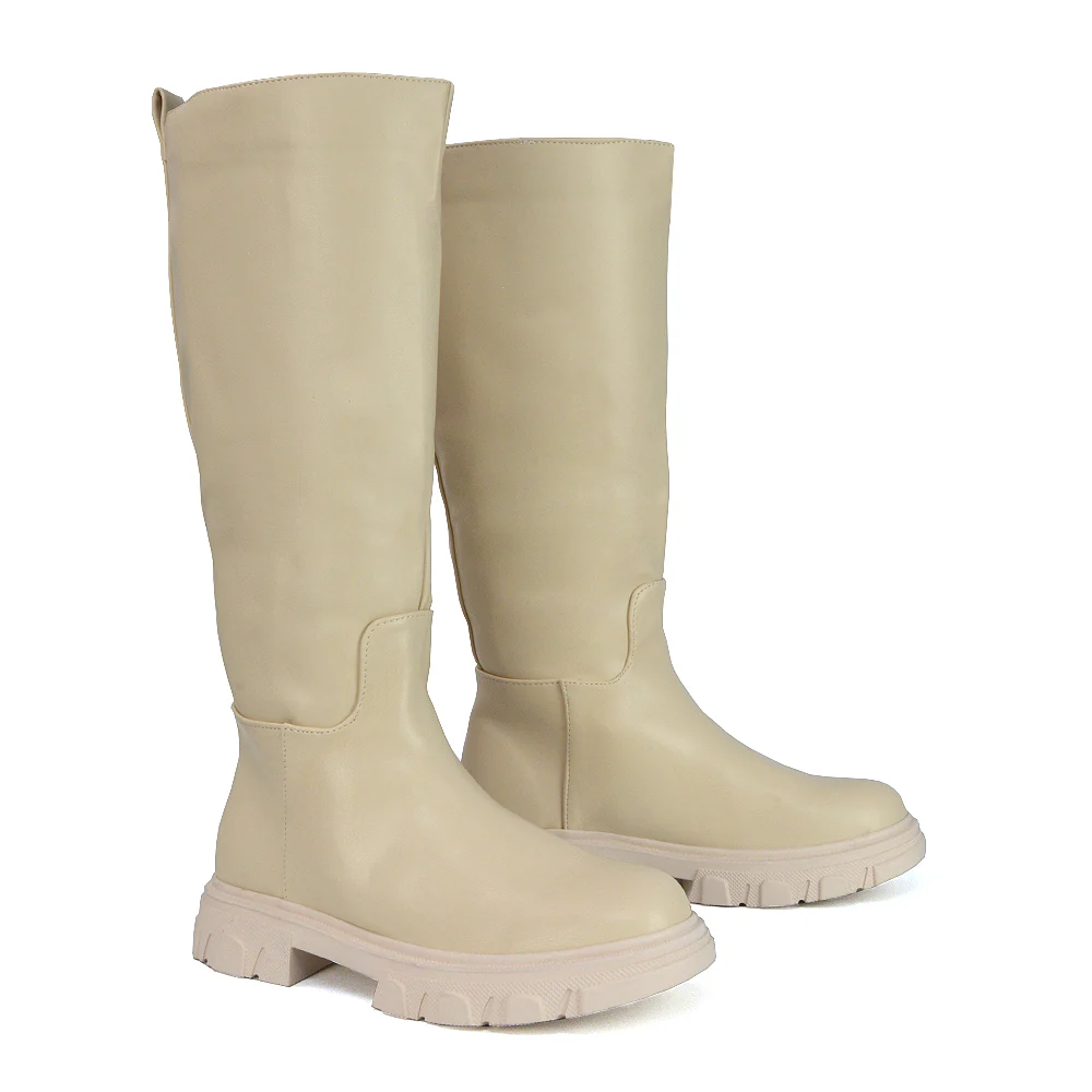 Lainey Chunky Sole Calf High Knee High Biker Boots in Brown Synthetic Leather - Image 61