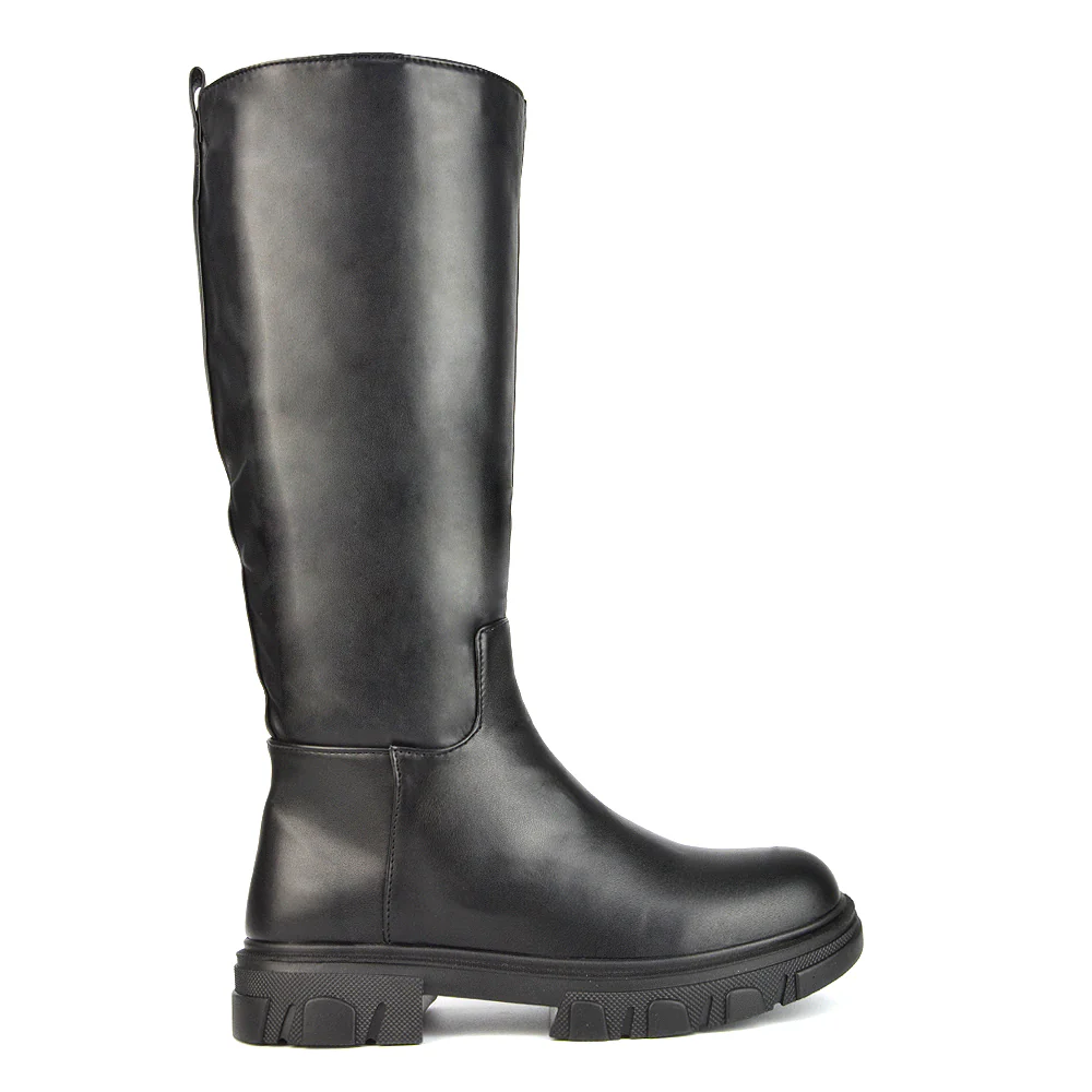 Lainey Chunky Sole Calf High Knee High Biker Boots in Green Synthetic Leather - Image 11