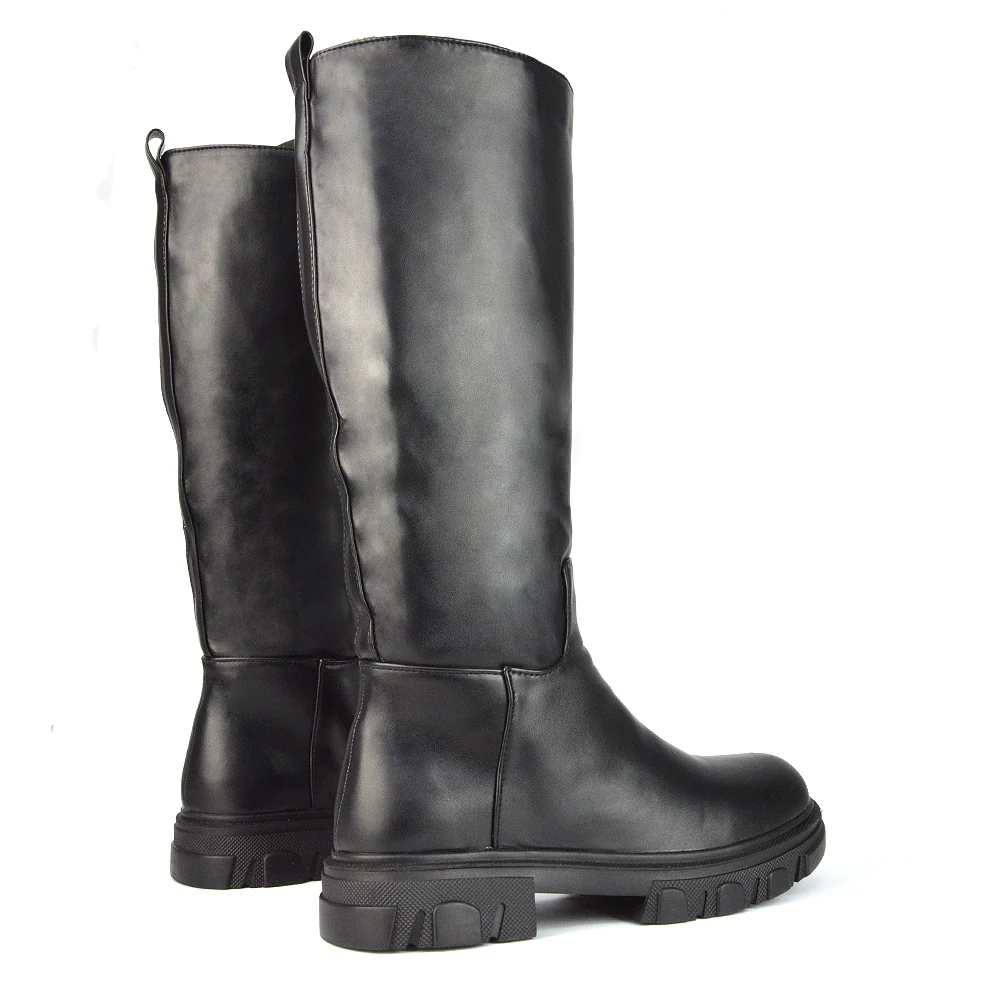 Lainey Chunky Sole Calf High Knee High Biker Boots in Green Synthetic Leather - Image 29