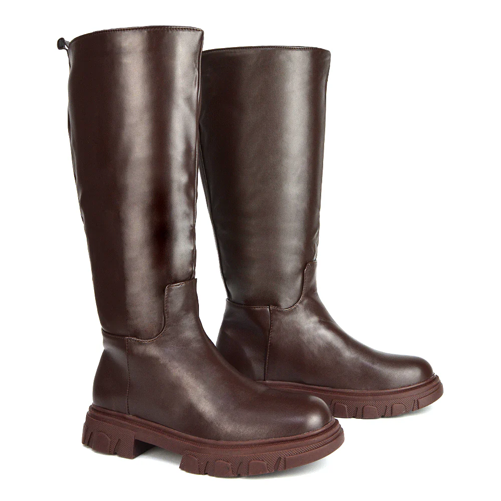 Lainey Chunky Sole Calf High Knee High Biker Boots in Green Synthetic Leather - Image 66