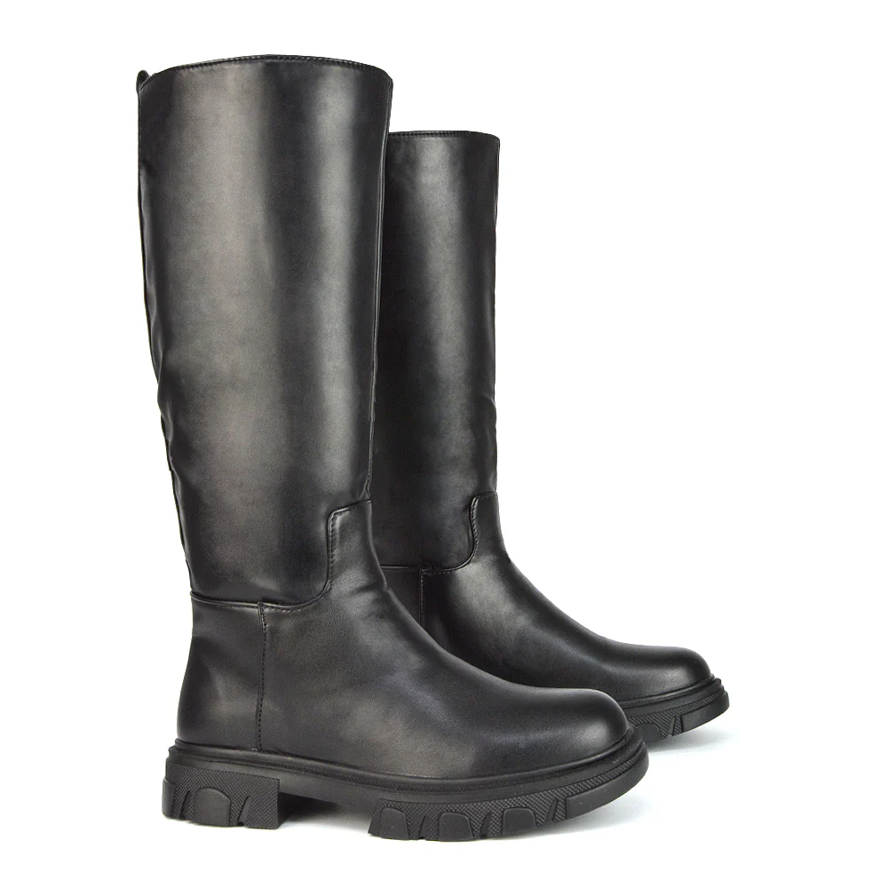 Lainey Chunky Sole Calf High Knee High Biker Boots in Green Synthetic Leather - Image 8
