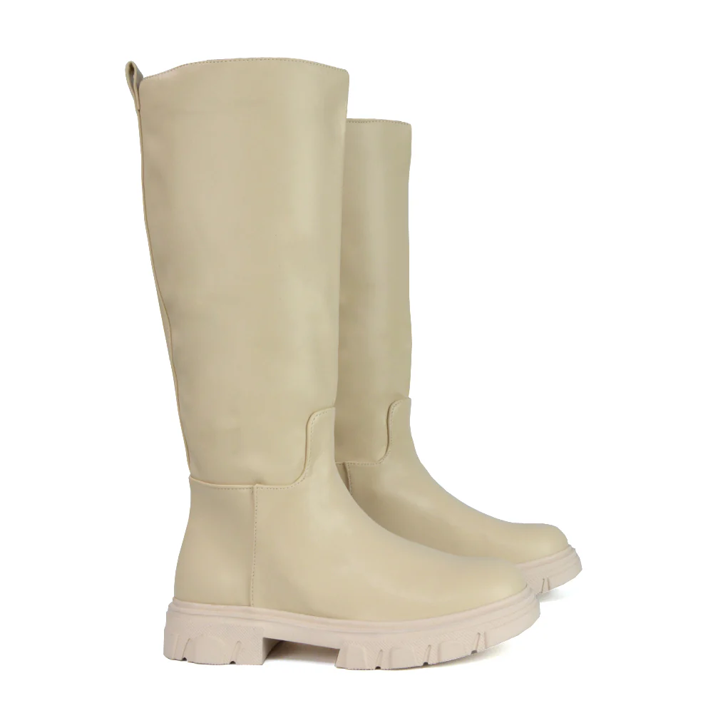 Lainey Chunky Sole Calf High Knee High Biker Boots in Green Synthetic Leather - Image 92