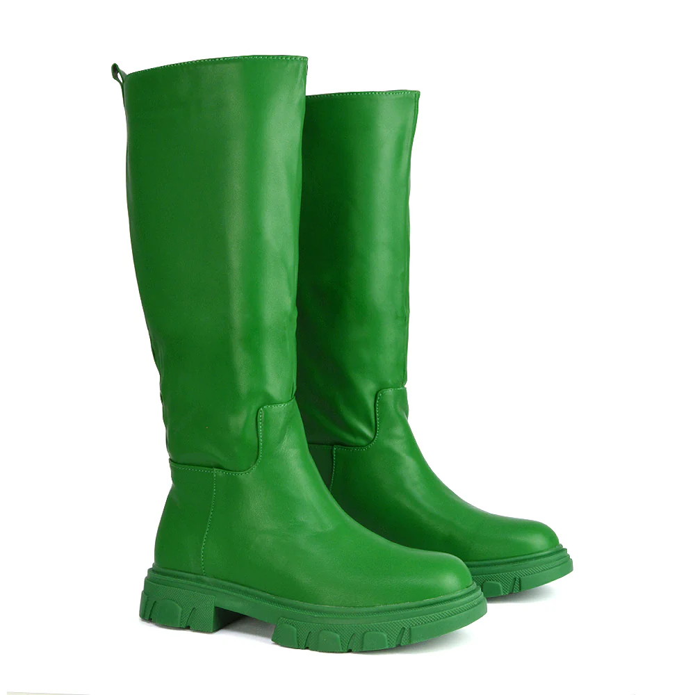 Lainey Chunky Sole Calf High Knee High Biker Boots in Nude Synthetic Leather - Image 33