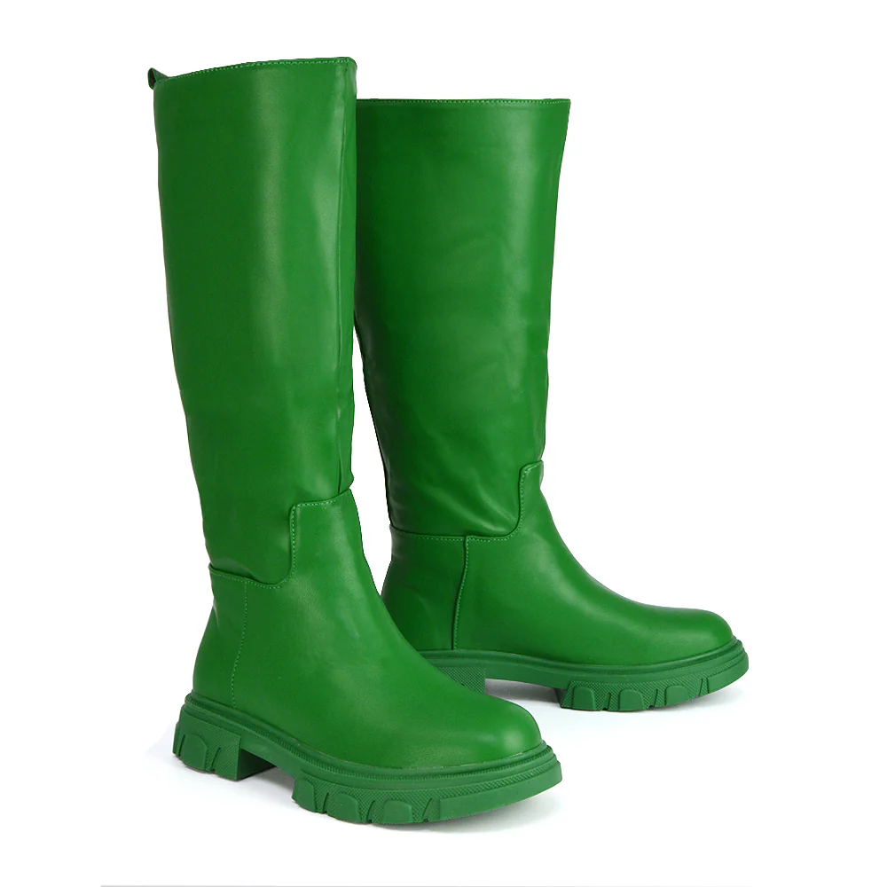 Lainey Chunky Sole Calf High Knee High Biker Boots in Nude Synthetic Leather - Image 35