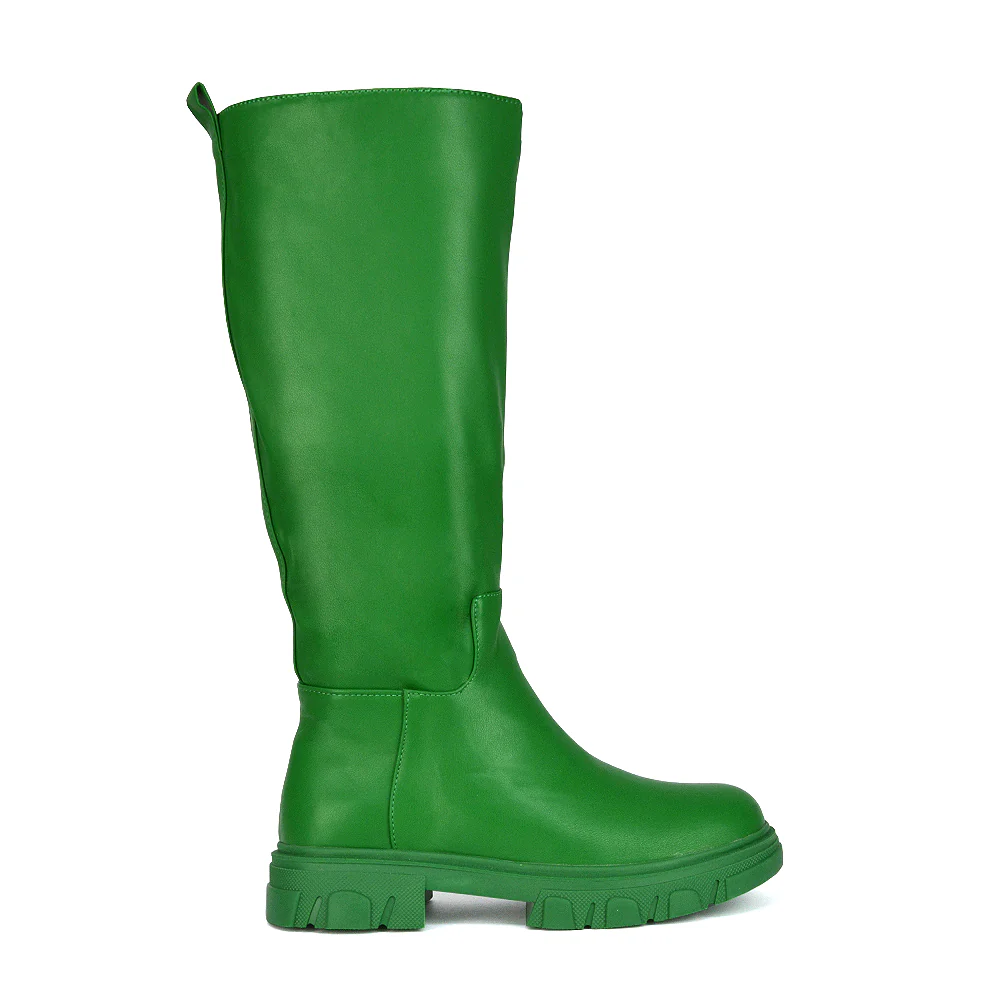 Lainey Chunky Sole Calf High Knee High Biker Boots in Nude Synthetic Leather - Image 42