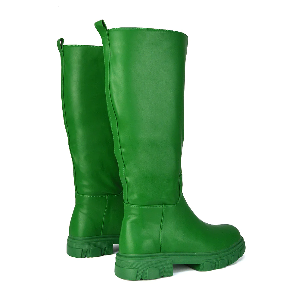 Lainey Chunky Sole Calf High Knee High Biker Boots in Nude Synthetic Leather - Image 48
