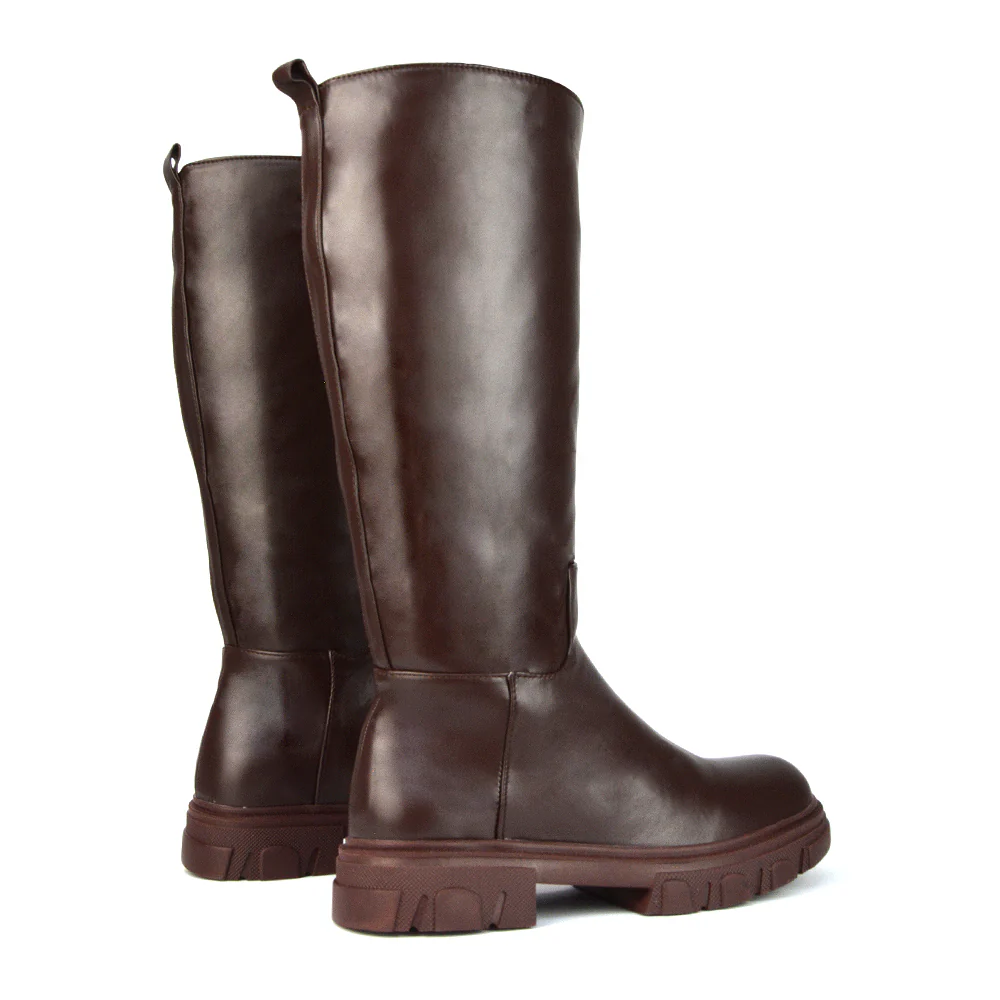 Lainey Chunky Sole Calf High Knee High Biker Boots in Nude Synthetic Leather - Image 64