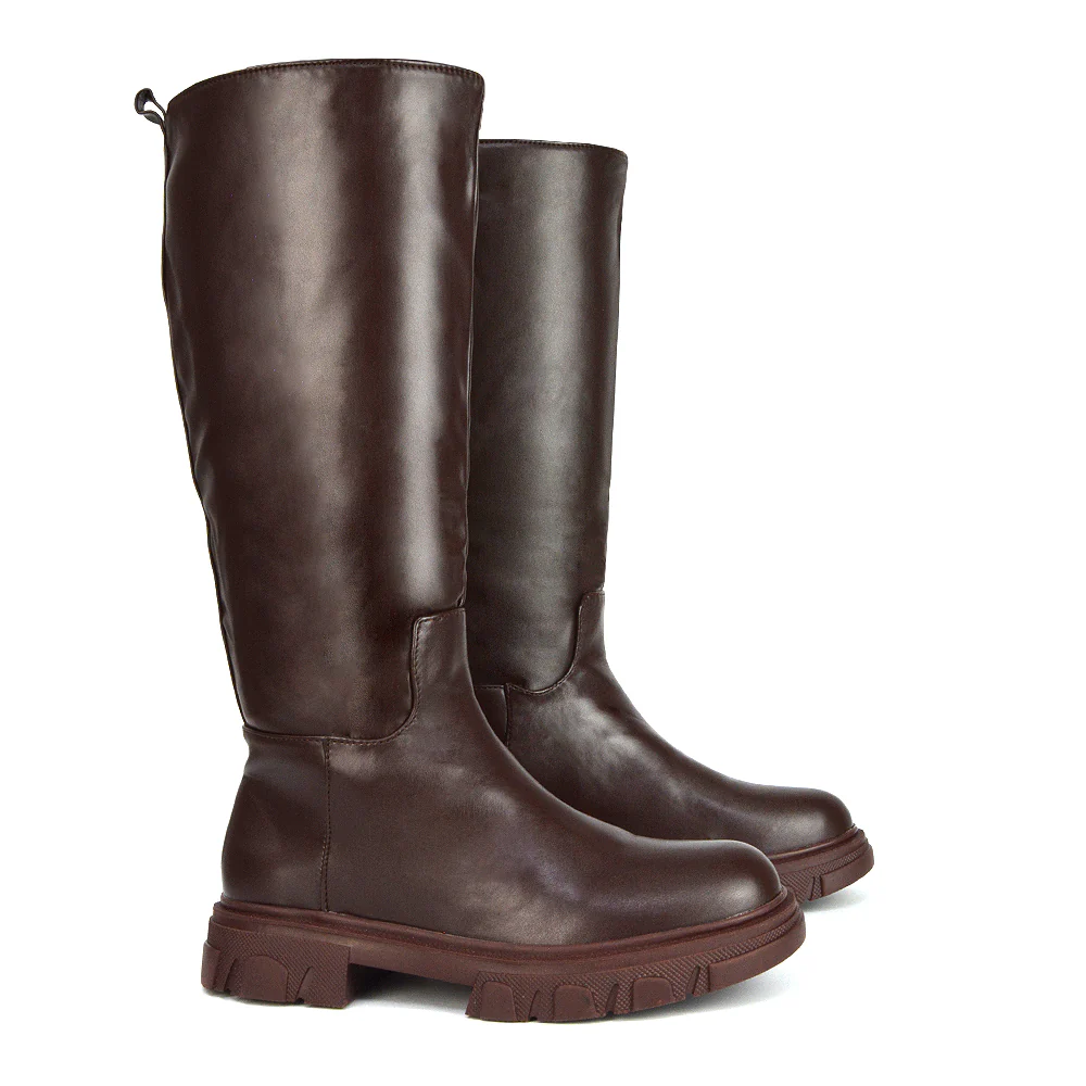 Lainey Chunky Sole Calf High Knee High Biker Boots in Nude Synthetic Leather - Image 75