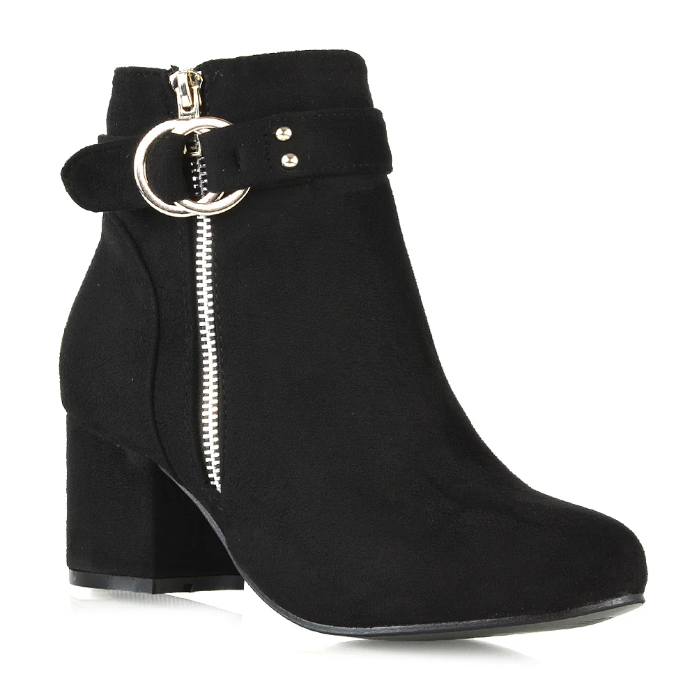 Lakesha Strap Detail Outer Zip Low Block Heeled Ankle Boots in Black Faux Suede - Image 9