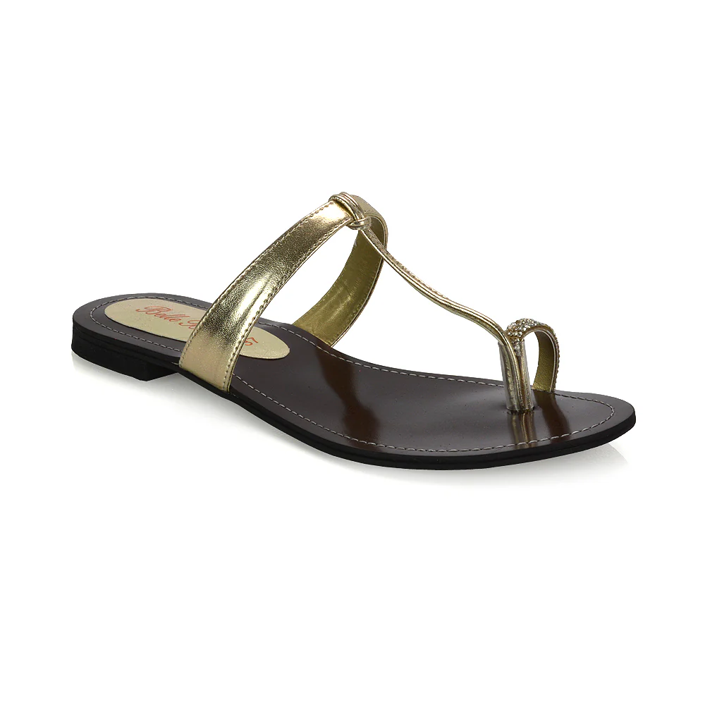 Lala Flat Strappy Diamante Detail Toe Ring Slider Summer Sandals in Black Patent - Image 131