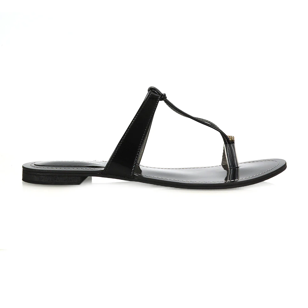 Lala Flat Strappy Diamante Detail Toe Ring Slider Summer Sandals in Black Patent - Image 2