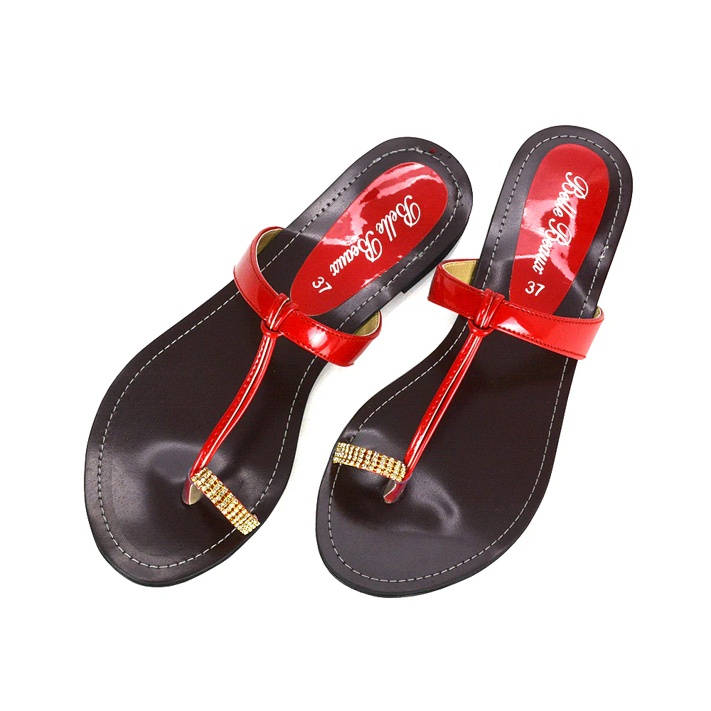 Lala Flat Strappy Diamante Detail Toe Ring Slider Summer Sandals in Black Patent - Image 29