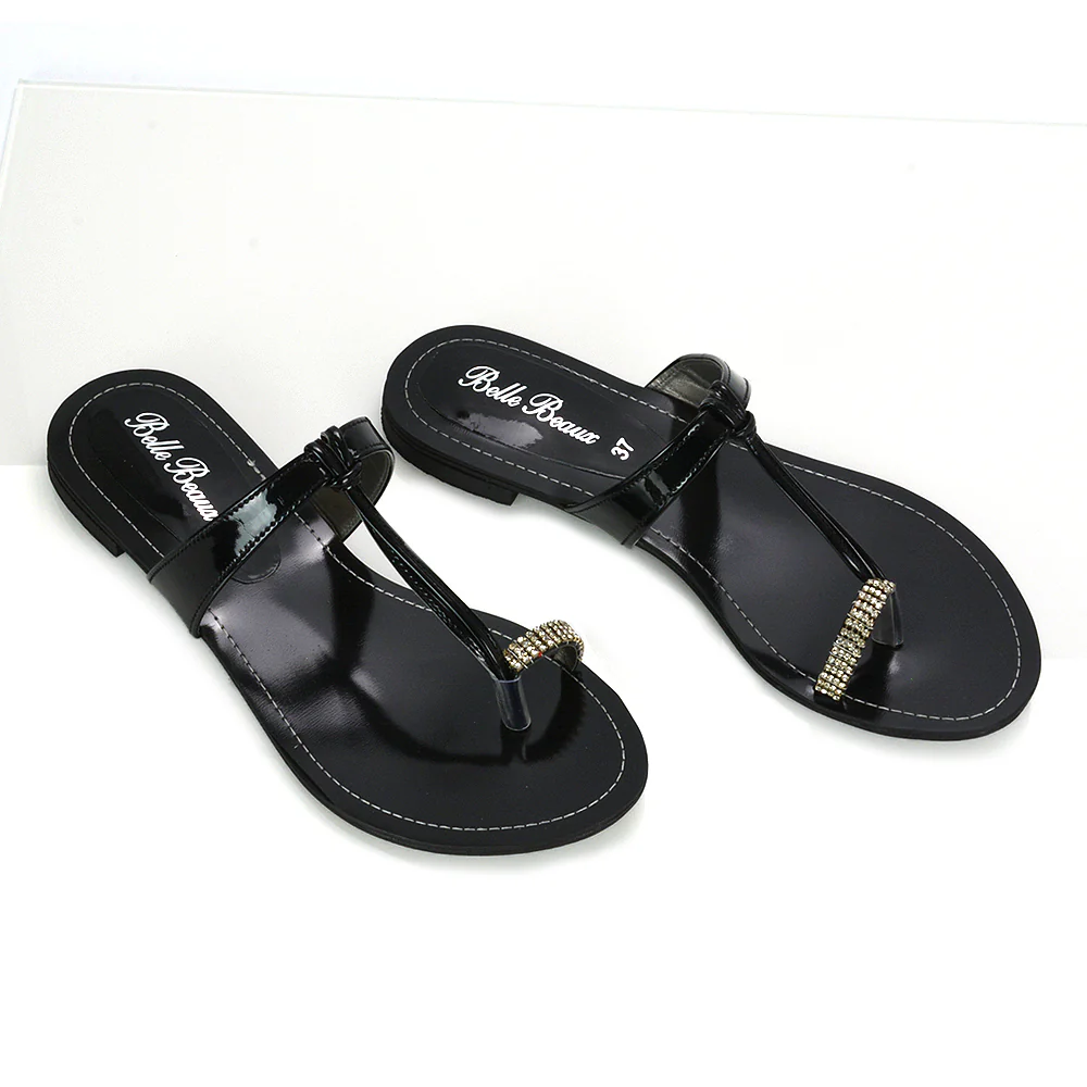 Lala Flat Strappy Diamante Detail Toe Ring Slider Summer Sandals in Black Patent - Image 5