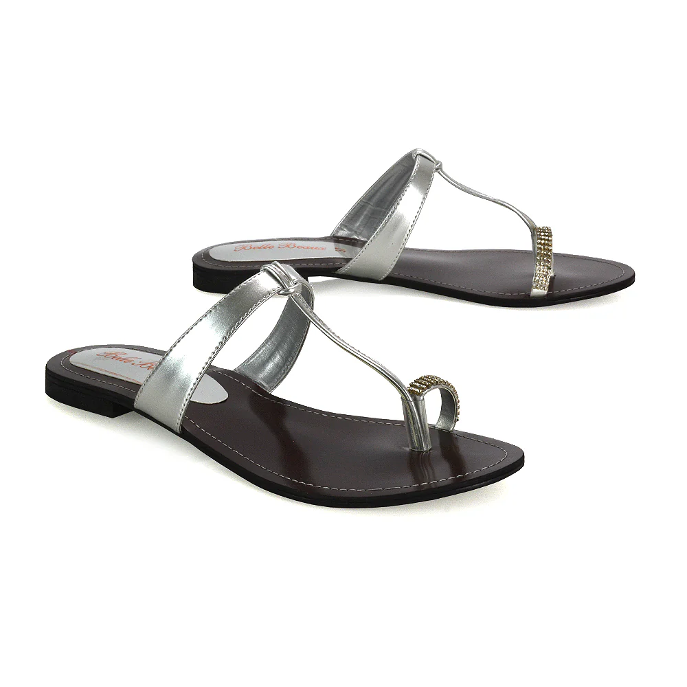 Lala Flat Strappy Diamante Detail Toe Ring Slider Summer Sandals in Black Patent - Image 90