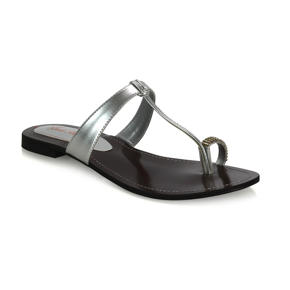 Lala Flat Strappy Diamante Detail Toe Ring Slider Summer Sandals in Black Patent - Image 95