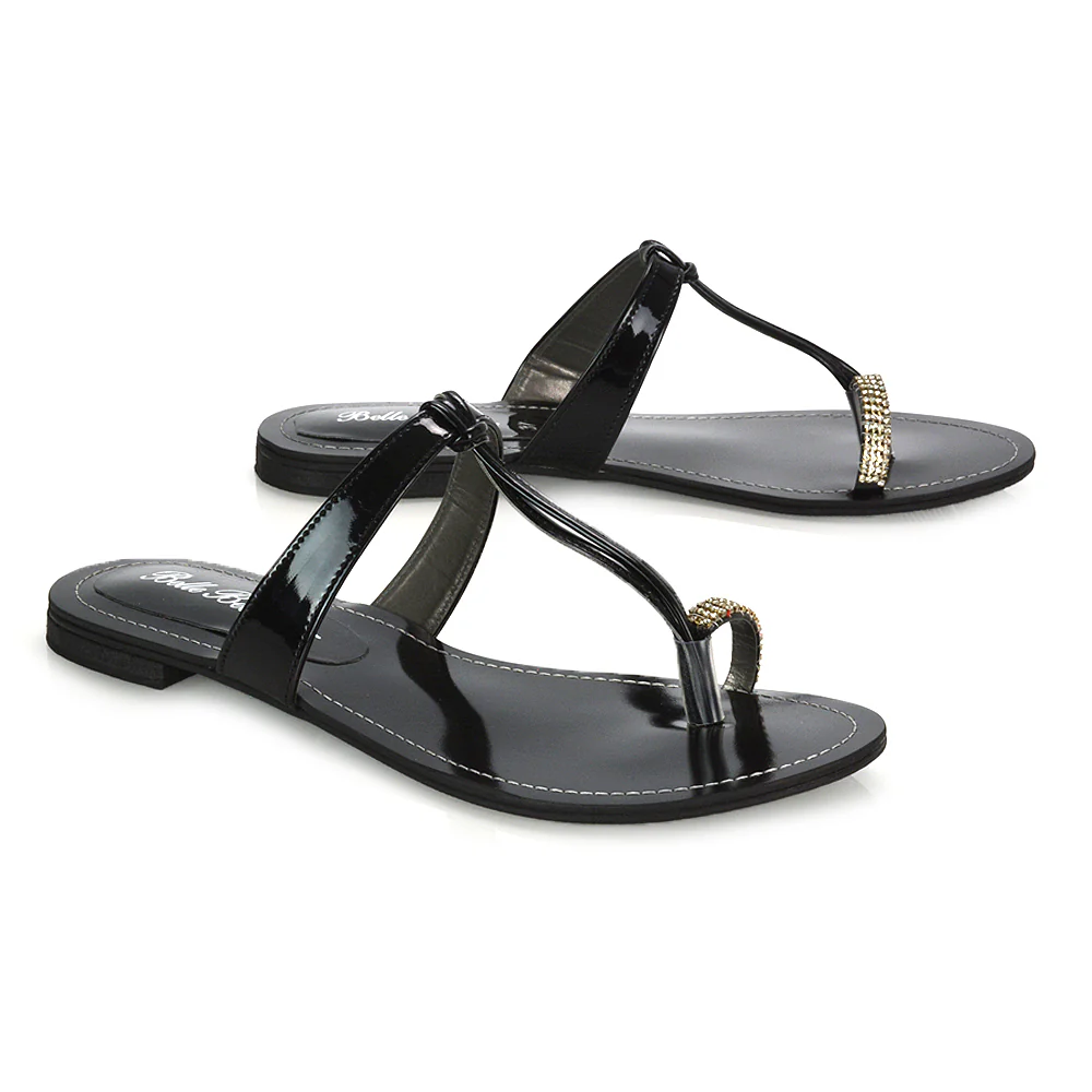 Lala Flat Strappy Diamante Detail Toe Ring Slider Summer Sandals in Gold Metallic - Image 166
