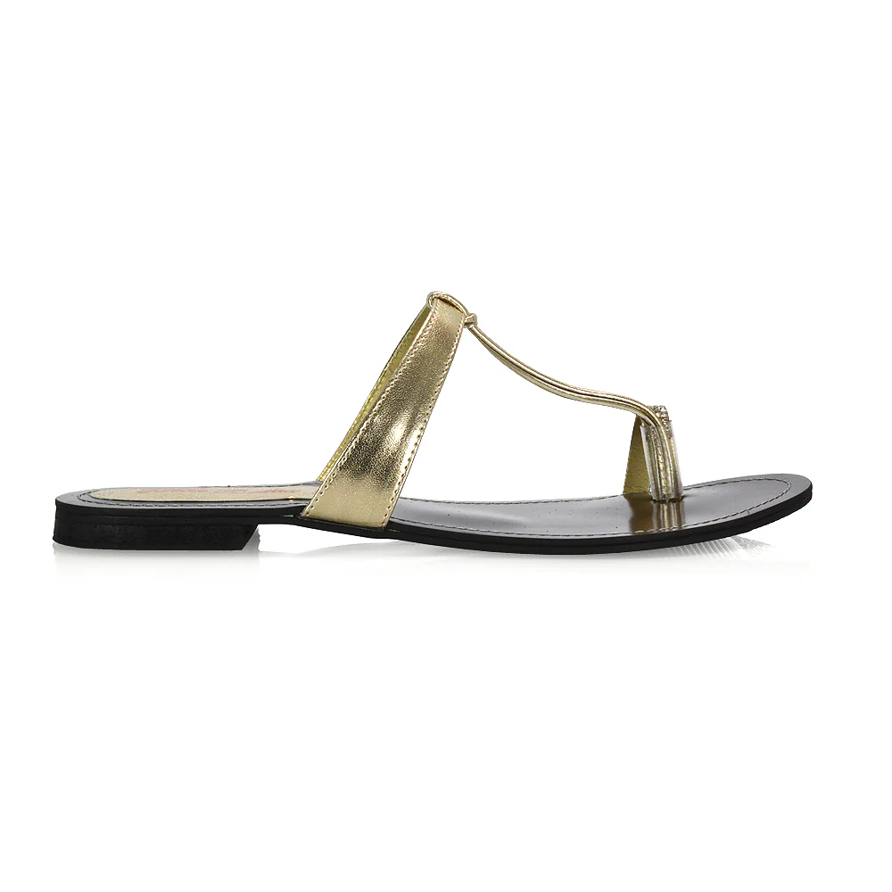Lala Flat Strappy Diamante Detail Toe Ring Slider Summer Sandals in Gold Metallic - Image 2