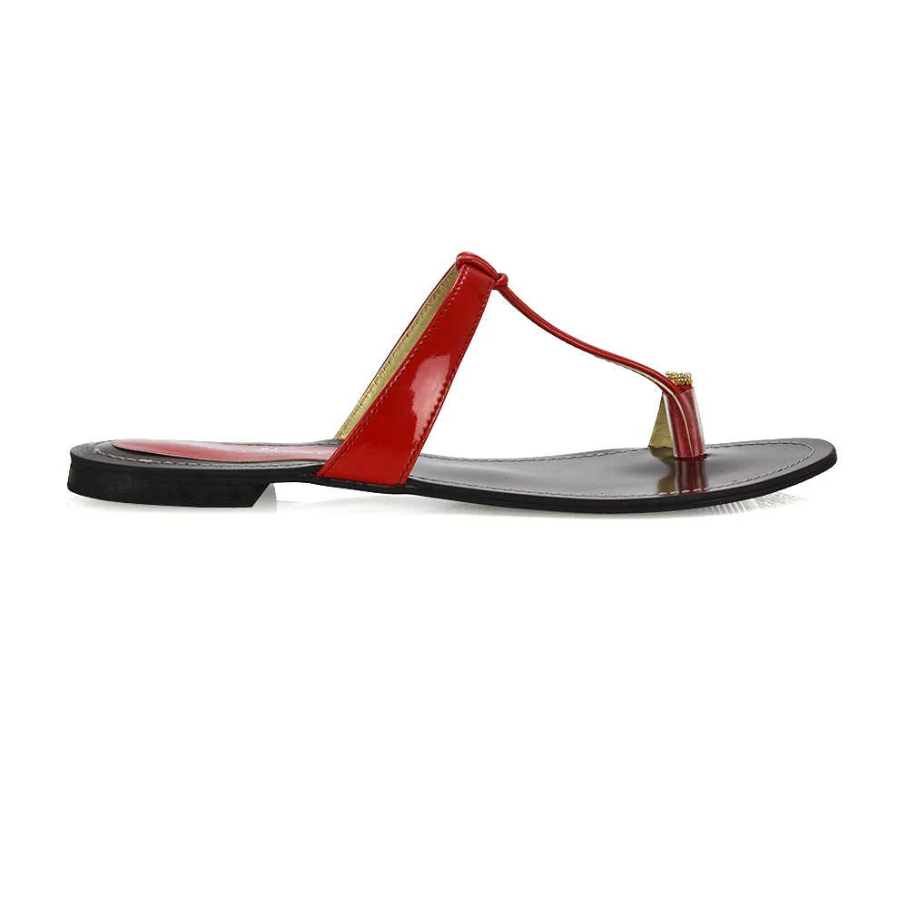 Lala Flat Strappy Diamante Detail Toe Ring Slider Summer Sandals in Gold Metallic - Image 20