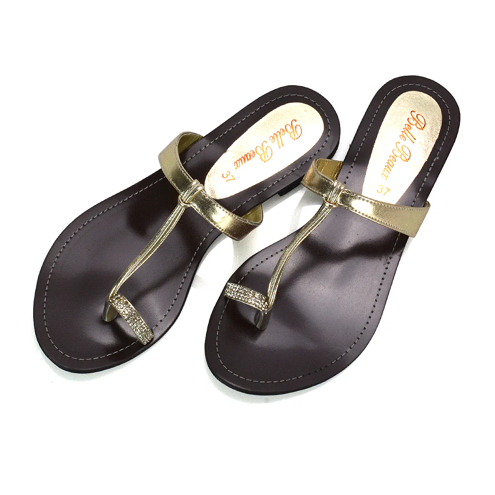 Lala Flat Strappy Diamante Detail Toe Ring Slider Summer Sandals in Gold Metallic - Image 4