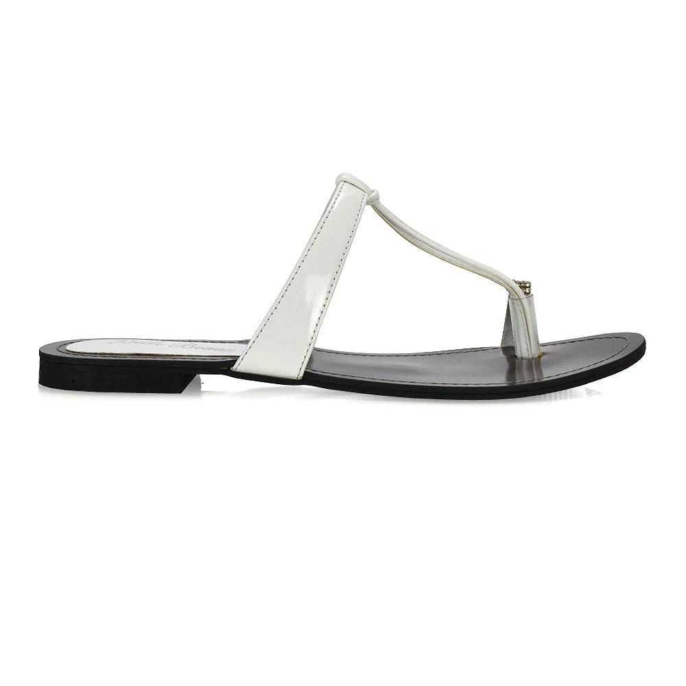 Lala Flat Strappy Diamante Detail Toe Ring Slider Summer Sandals in Gold Metallic - Image 48