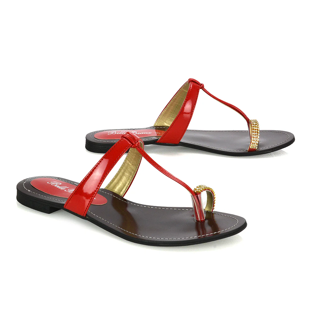 Lala Flat Strappy Diamante Detail Toe Ring Slider Summer Sandals in Gold Metallic - Image 6
