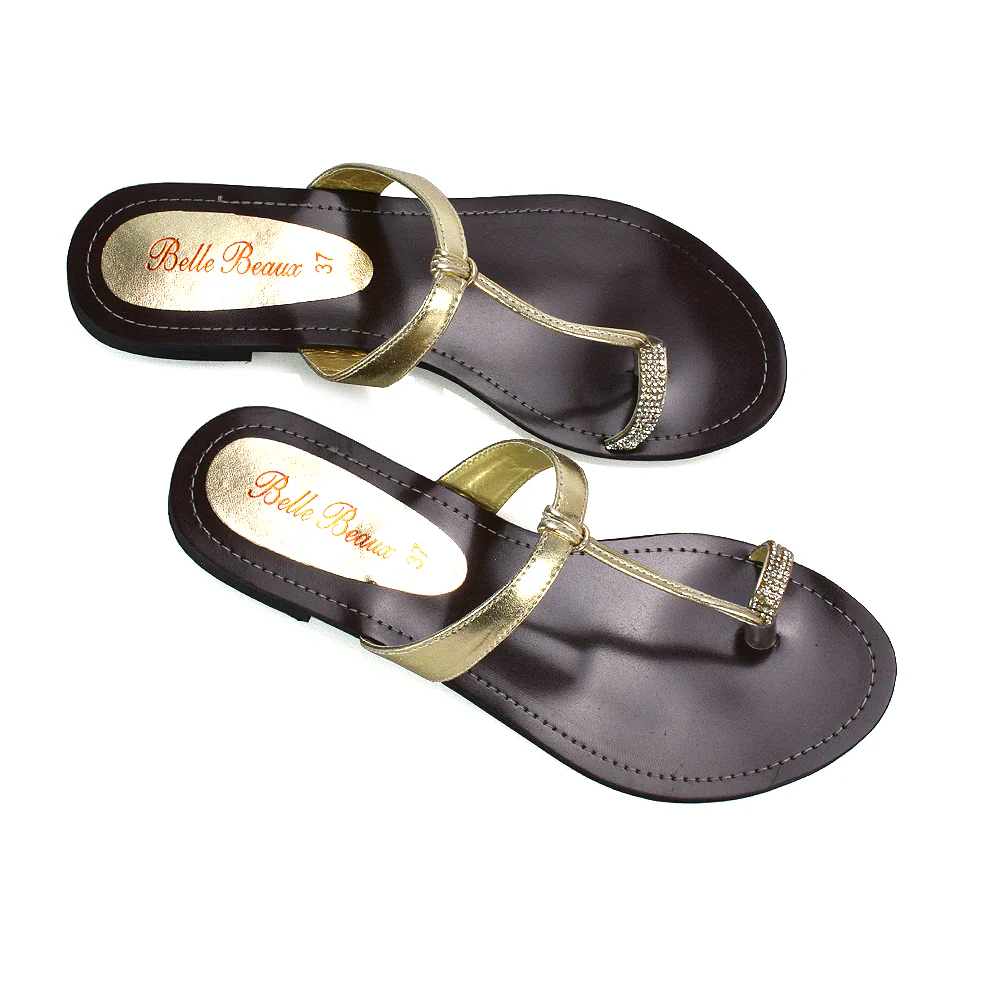 Lala Flat Strappy Diamante Detail Toe Ring Slider Summer Sandals in Orange - Image 129