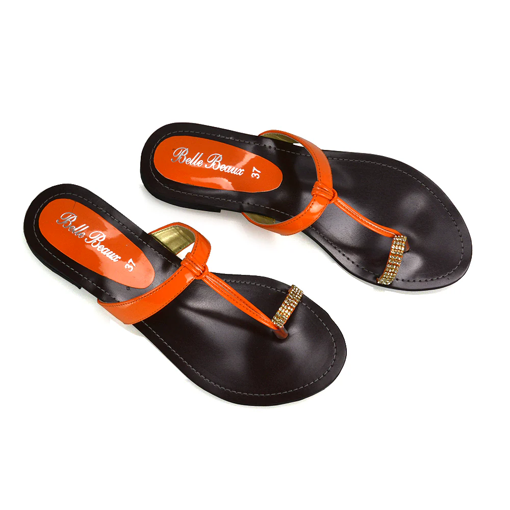 Lala Flat Strappy Diamante Detail Toe Ring Slider Summer Sandals in Orange - Image 69
