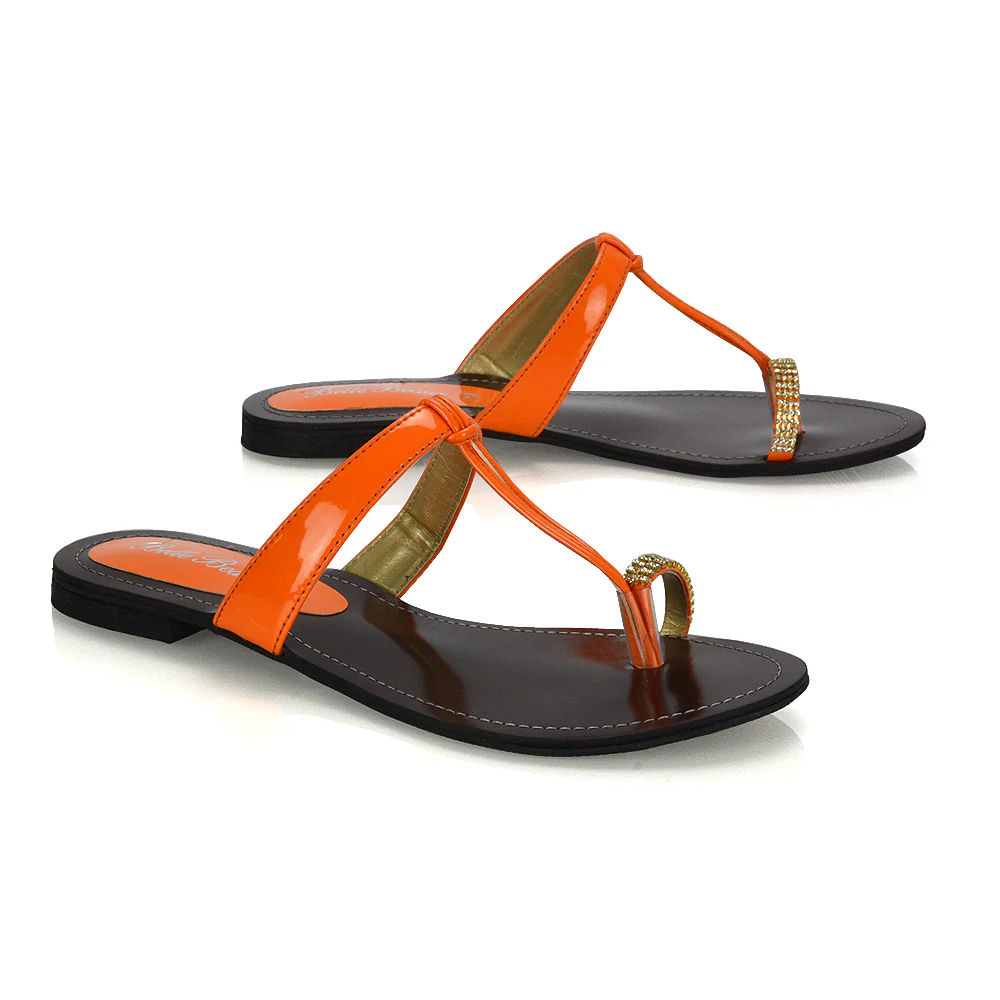 Lala Flat Strappy Diamante Detail Toe Ring Slider Summer Sandals in Orange - Image 86