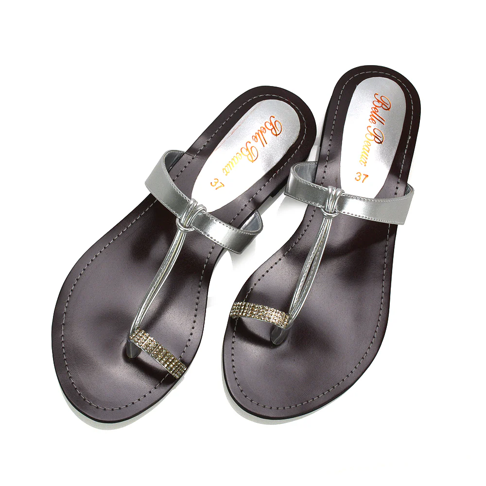 Lala Flat Strappy Diamante Detail Toe Ring Slider Summer Sandals in Silver - Image 4
