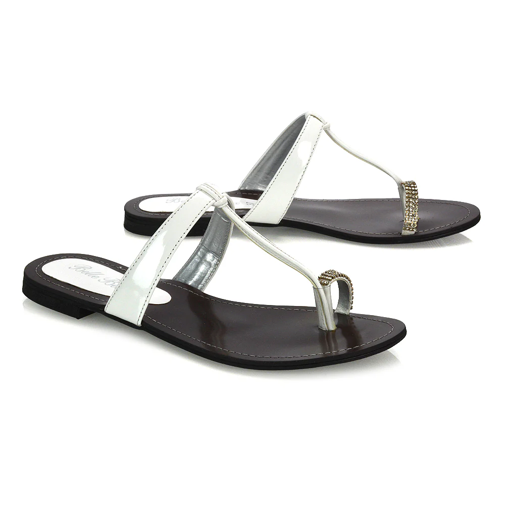Lala Flat Strappy Diamante Detail Toe Ring Slider Summer Sandals in Silver - Image 50