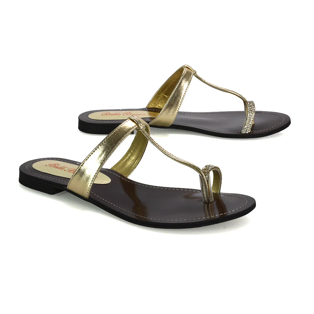 Lala Flat Strappy Diamante Detail Toe Ring Slider Summer Sandals in White - Image 130