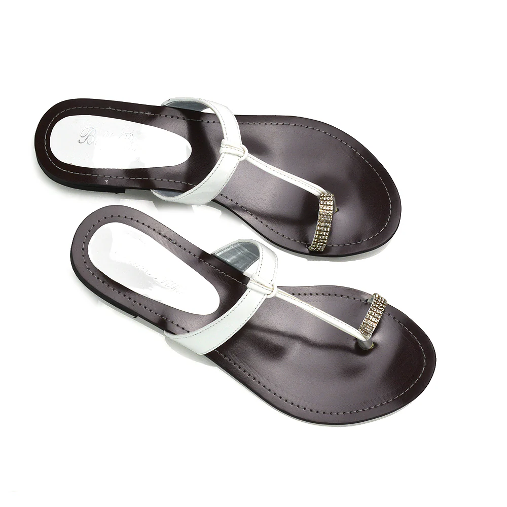 Lala Flat Strappy Diamante Detail Toe Ring Slider Summer Sandals in White - Image 37