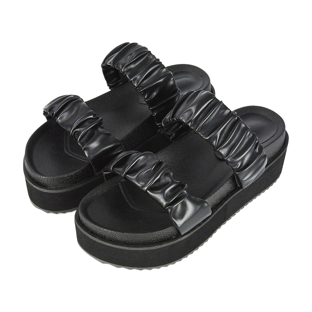 Lalia Ruched Double Strap Flatform Slide Sandals in Black Synthetic Leather - Image 25