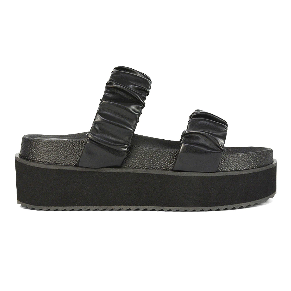 Lalia Ruched Double Strap Flatform Slide Sandals in Black Synthetic Leather - Image 33