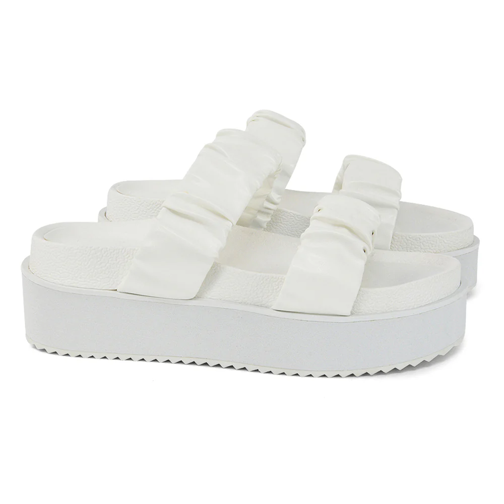 Lalia Ruched Double Strap Flatform Slide Sandals in Black Synthetic Leather - Image 41