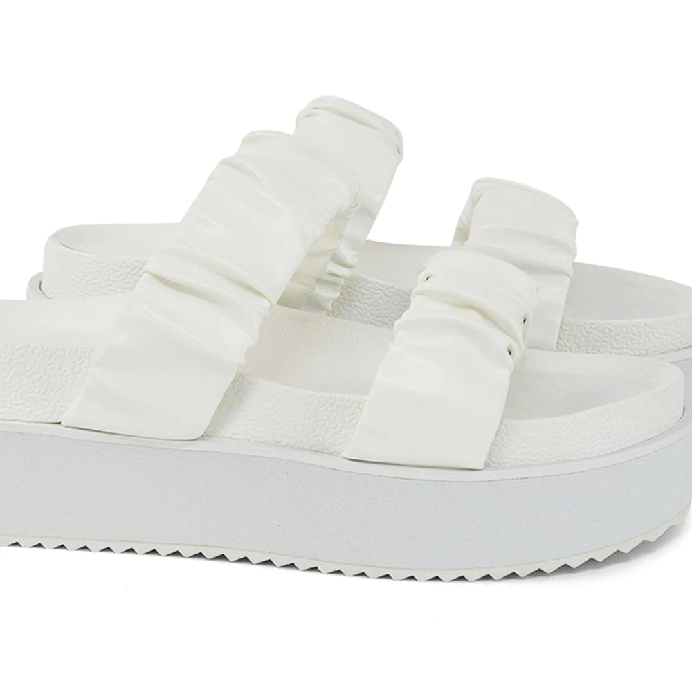 Lalia Ruched Double Strap Flatform Slide Sandals in Black Synthetic Leather - Image 52