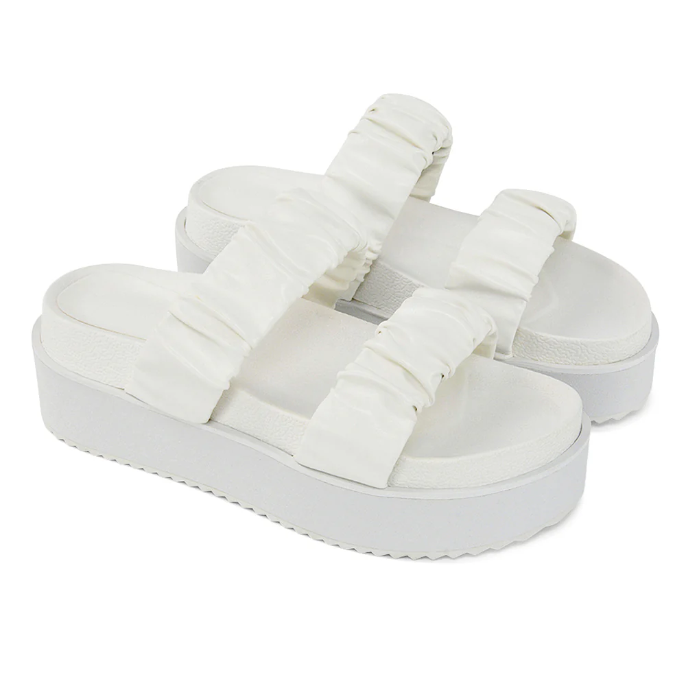 Lalia Ruched Double Strap Flatform Slide Sandals in Black Synthetic Leather - Image 64