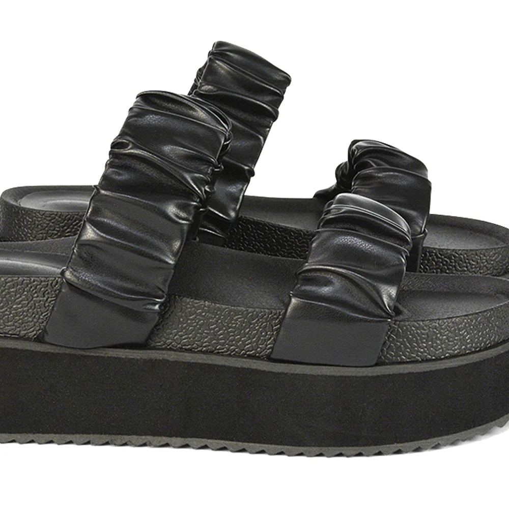 Lalia Ruched Double Strap Flatform Slide Sandals in Black Synthetic Leather - Image 7