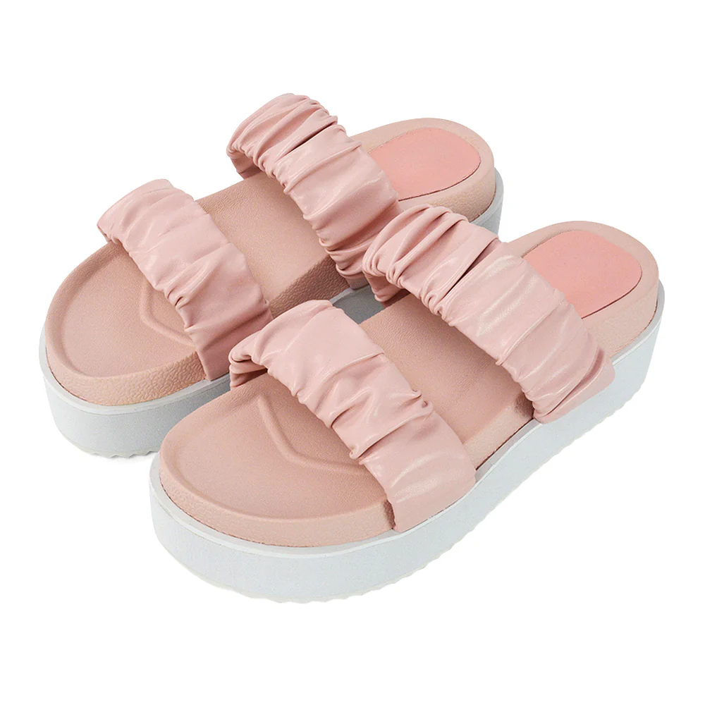 Lalia Ruched Double Strap Flatform Slide Sandals in Black Synthetic Leather - Image 70
