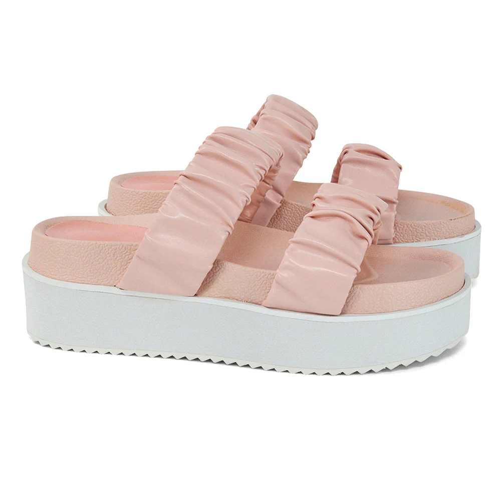 Lalia Ruched Double Strap Flatform Slide Sandals in Black Synthetic Leather - Image 71