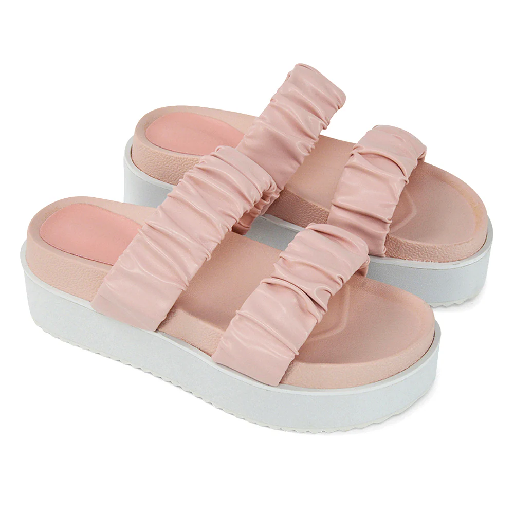 Lalia Ruched Double Strap Flatform Slide Sandals in Black Synthetic Leather - Image 79