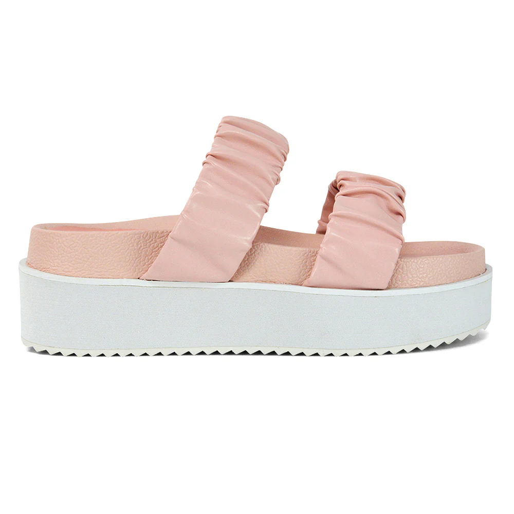 Lalia Ruched Double Strap Flatform Slide Sandals in Pink Synthetic Leather - Image 68
