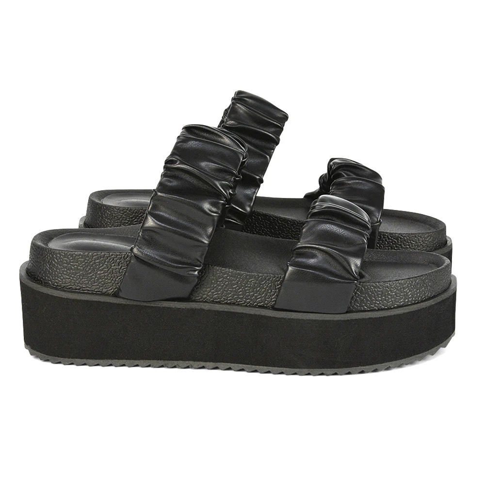 Lalia Ruched Double Strap Flatform Slide Sandals in White Synthetic Leather - Image 26